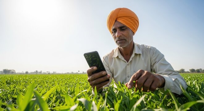 Agriculture technology showcases farmer utilizing smartphone in agricultural landscape, focusing on data-driven decisions. Agriculture technology includes modern tools,