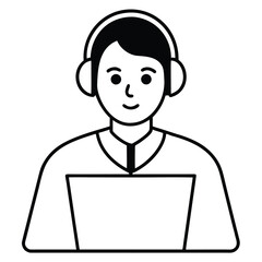 Boy with laptop smiling as customer service representative in business cartoon illustration