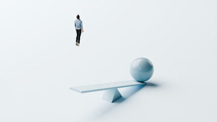 Man catapulted upward from seesaw by large ball, gaining higher perspective broad vision and strategic overview, surreal concept, 3d render