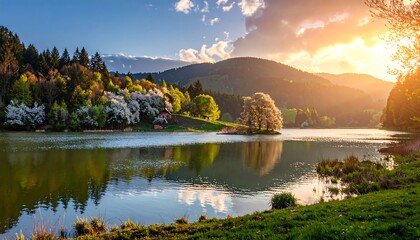 A stunning panorama of a serene lake reflecting a golden sunset. Lush green trees and flowering bushes frame the tranquil water. Rolling hills and a vibrant sky complete this idyllic setting