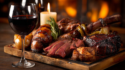 A glass of red wine and a wooden board with grilled meat and sausage near a lit candle light