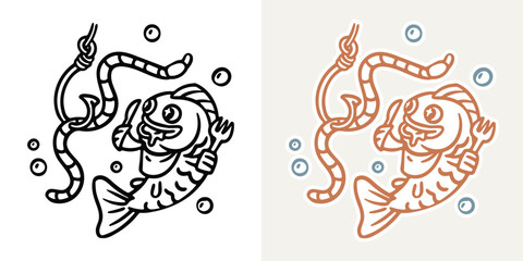 Illustration of fish holding knife and fork excited to eat earth worm bait on fish hook cartoon character design template for sticker, poster, fish farm, fish bait product, fishing community and store