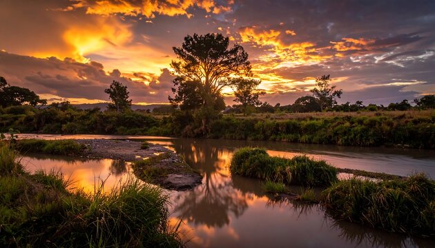 Vivid sunset over a tranquil river, reflecting the golden sky - Powered by Adobe