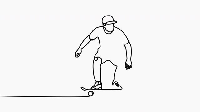 Animated self drawing of a people playing skateboarding at the skate park arena video illustration. Skateboard sport activity illustration in simple linear style video design concept continuous line.