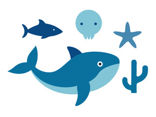 Fototapeta premium Cute ocean animals including a whale fish jellyfish starfish and sea plant