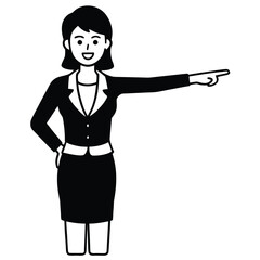Businesswoman presenting with blank sign smiling in black suit cartoon vector illustration