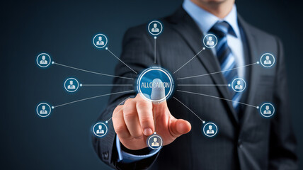 Businessman touching a digital interface with allocation icons satellite