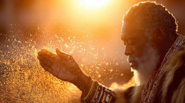 Elder performing sacred ritual under golden sunlight at Umkhosi Wokweshwama harvest festival in South Africa