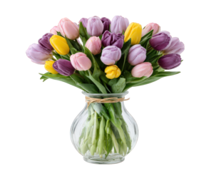 Cheerful colorful tulip bouquet in transparent glass vase. This beautiful fresh floral arrangement symbol of spring and happiness, isolated on transparency background