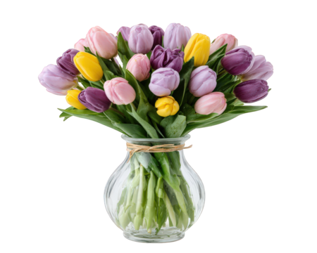 Cheerful colorful tulip bouquet in transparent glass vase. This beautiful fresh floral arrangement symbol of spring and happiness, isolated on transparency background - Powered by Adobe