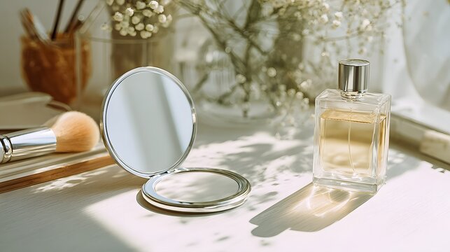 Elegant perfume bottle and compact mirror on a table with soft floral accents