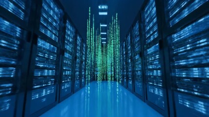 Data center server room binary code flowing through network infrastructure - Powered by Adobe