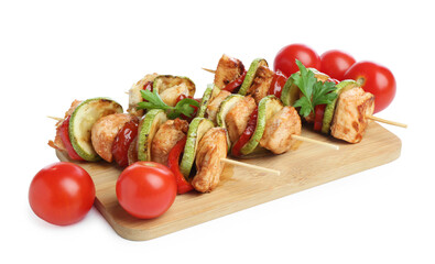Skewers with grilled chicken and vegetables isolated on white