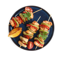 Skewers with grilled chicken, vegetables and lemon isolated on white, top view
