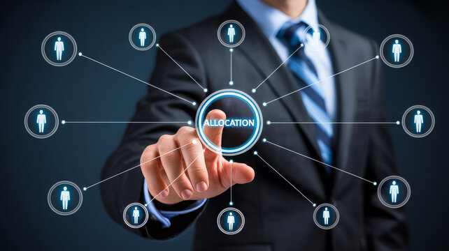 Businessman touching a digital screen with allocation icons satellite