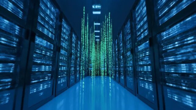 Data center server room binary code flowing through network infrastructure