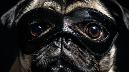 pug dog wearing a black mask
