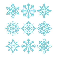 Vector set of white snowflakes on a white background. Details of the six-pointed snow. Illustration in flat design.