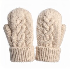 Two Ivory Knitted Wool Mittens with Cable Pattern on White Background