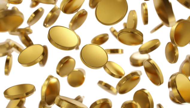 A dazzling cascade of golden currency raining down, creating a dynamic display of wealth and