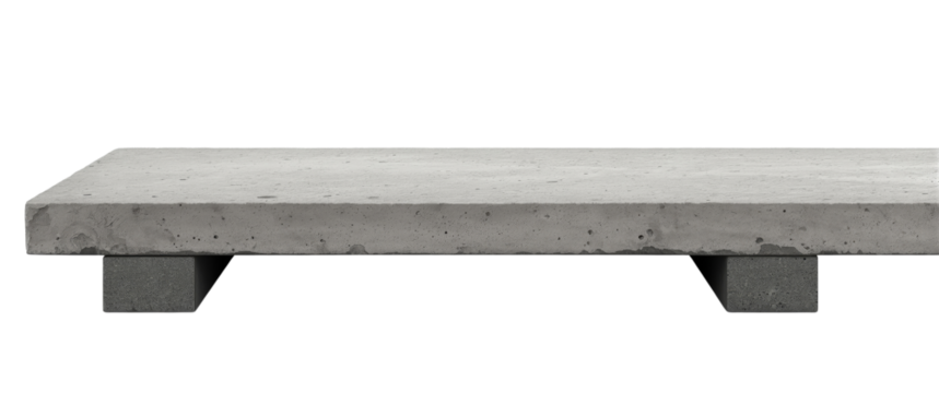 Modern concrete platform table isolated on a transparent display elevated by two supporting