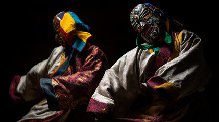 Close-up of two masked Tibetan dancers performing spiritual Cham dance during Lhosar Festival celebration