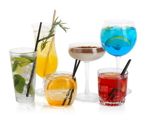 Glasses of tasty cocktails isolated on white