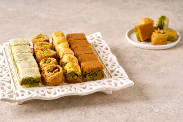 Traditional turkish, arabic sweets baklava assortment with pistachio