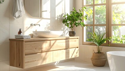 Bright and Airy Modern Bathroom with Natural Light and Green Plants illuminated by Sunlight Streaming Through Windows