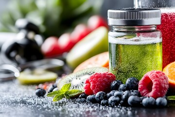 Vibrant Sports Drink with Fresh Fruits and Vitamins