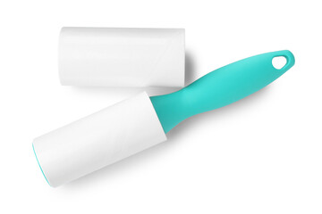 Lint roller with adhesive roll isolated on white, top view