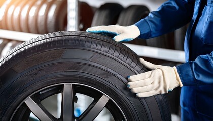 hands inspecting a vehicle tire in workshop