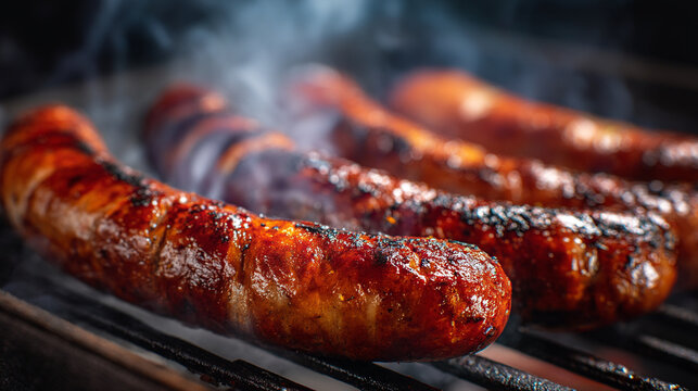 Close up of grilled sausages on a barbecue with smoke rising showing a delicious meal cooking