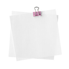 Blank paper notes attached with blinder clip isolated on white