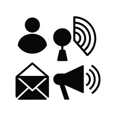 Versatile collection of solid black communication technology icons, illustrating user profiles, message delivery, broadcast signals, and public announcements for digital engagement and connectivity