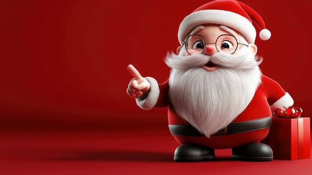 funny cheerful Santa Christmas character with surprise face pointing finger to the side, 3d illustration, playful holiday pose, isolated on red background with copy space
