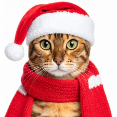 Adorable Bengal Cat Wearing Christmas Hat and Red Scarf on White Background