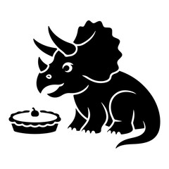 Cute graphic design of a smiling Triceratops dinosaur with a dessert pie, great for educational content, party decor, and bakery logos