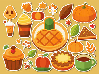 Cute Autumn Sticker Set with Pumpkins Leaves Coffee Pies and Other Fall Elements