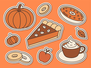 Collection of Fall Themed Stickers Featuring Pumpkin Pie Donuts Coffee and Pumpkins