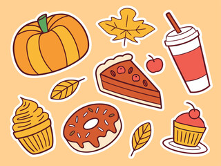 Cute Fall Themed Sticker Set with Pumpkin Pie Donut Leaves and Cupcakes