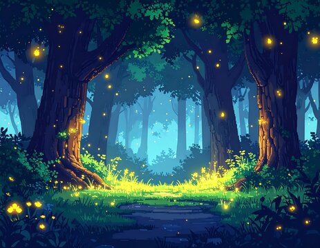 Peaceful forest scene with glowing fireflies and a path