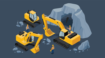 Obraz premium Heavy construction excavators working inside rock mining tunnel, industrial machinery digging large stone quarry with workers in safety uniforms