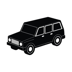 Simple black car icon depicted in an isometric view. A minimalist vector graphic representing transportation, utility, and modern family travel