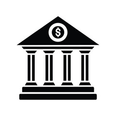 A solid black icon depicting a classical style bank with columns and a dollar sign, symbolizing currency, savings, investment, and financial stability