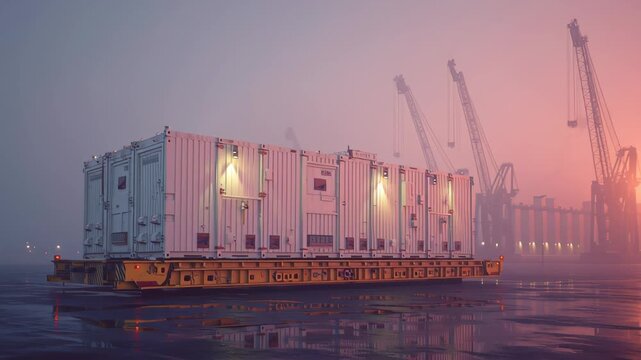 Compact modular reactor unit flatbed industrial port sunrise with foggy crane silhouettes reflective wet pavement atmospheric