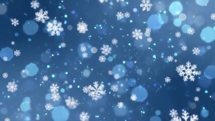 Abstract blue background with falling white snowflakes and sparkling bokeh lights, creating a festive winter atmosphere. - Powered by Adobe