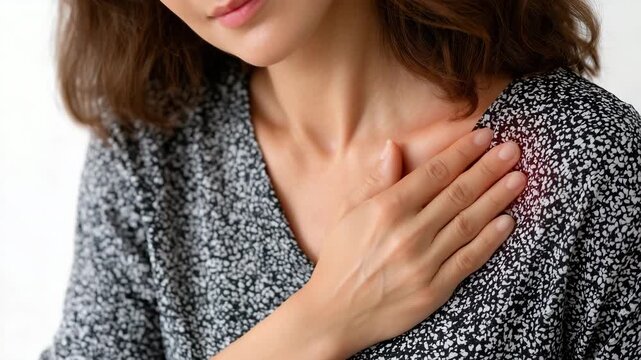 105Female figure with glowing red spot on collarbone, hand gently resting on area, white background