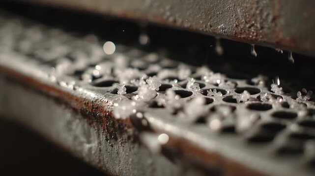 Close up salt crystals rusted metal heat exchanger grate, snow crystal fragments scattered with shallow depth of field