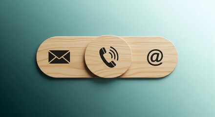 Wooden contact icons for email, phone, and website on a gradient background, representing communication options.